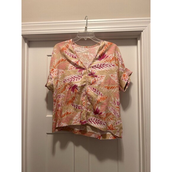Women’s Medium Linen Blend Tropical  V neck  Blouse Shirt Boxy Fit Woven Fabric - Picture 1 of 3